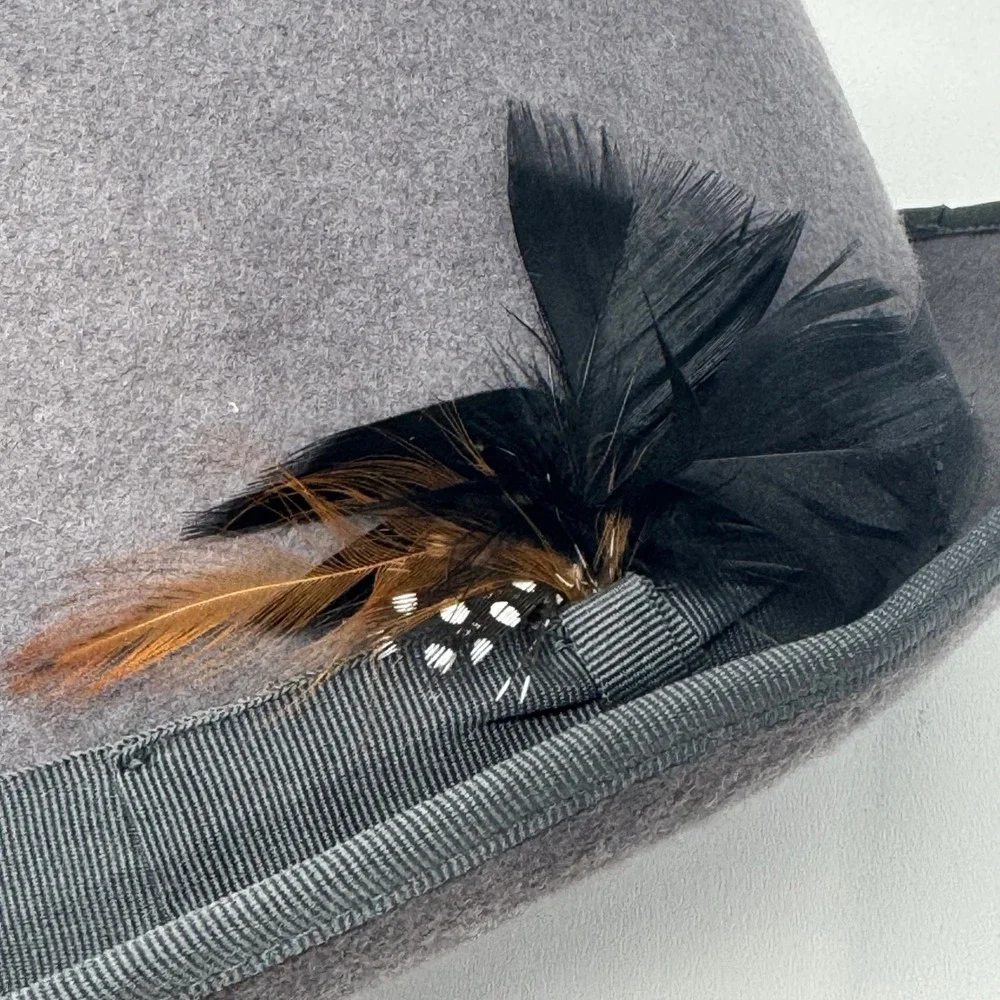 Milani Mens XL Grey 100% Wool Fedora Hat with Feather Detail and Grosgrain Band